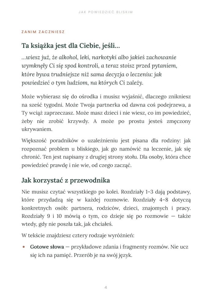 Fragment wprowadzenia poradnika „Jak powiedzieć bliskim, że jestem uzależniony”, oryginalna strona PDF