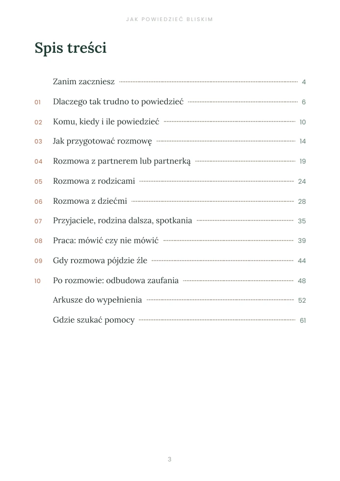 Spis treści poradnika „Jak powiedzieć bliskim, że jestem uzależniony”, oryginalna strona PDF