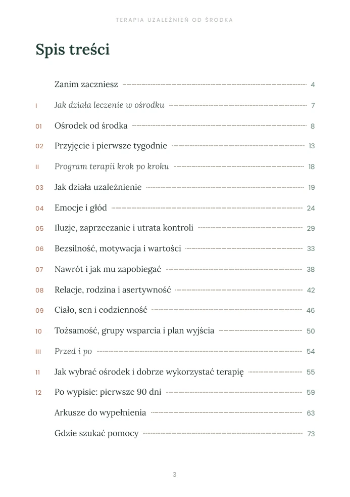 Spis treści poradnika „Terapia uzależnień od środka”, oryginalna strona PDF